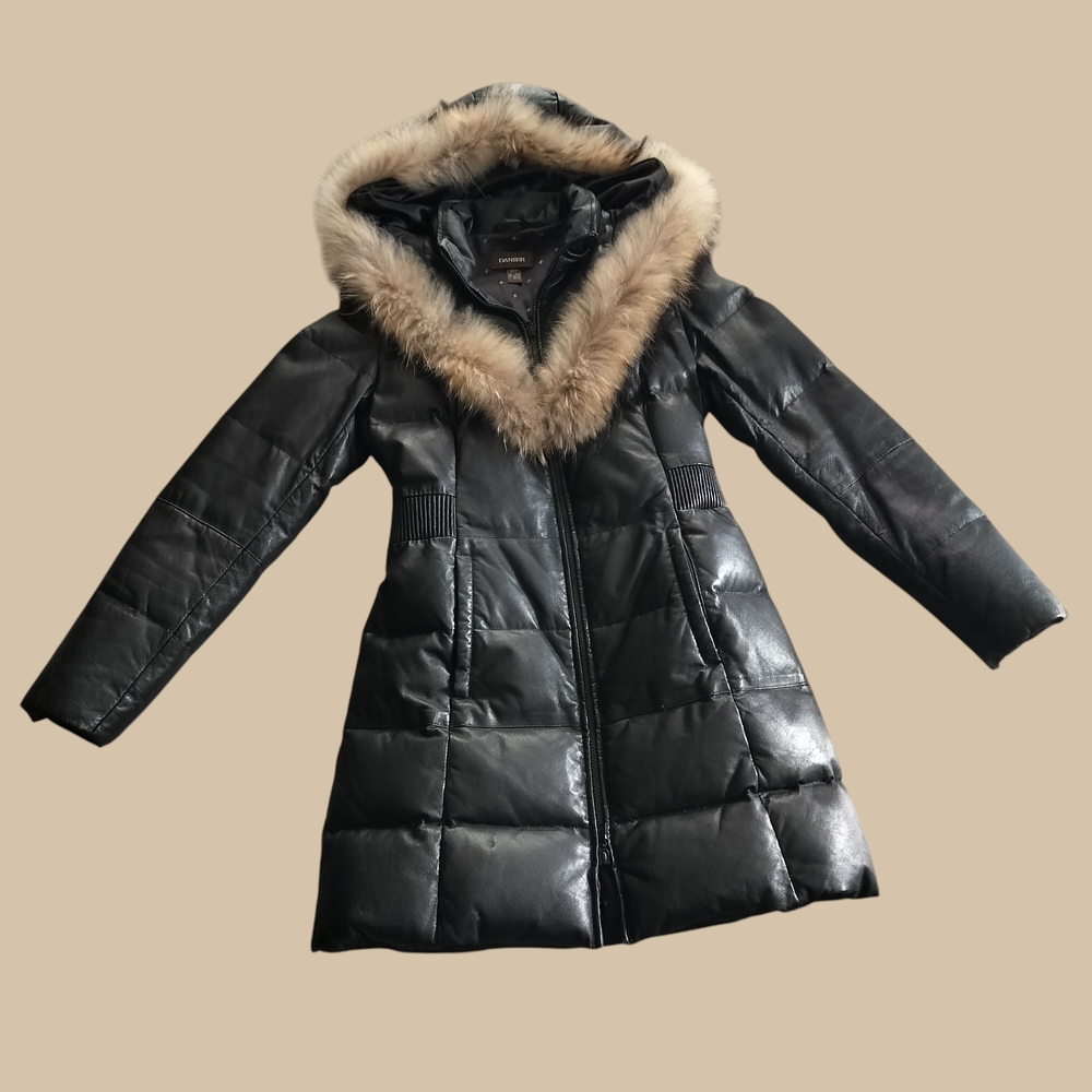Danier Down Filled Fur Trim Leather Puffer Mackage Jacket, Size XS